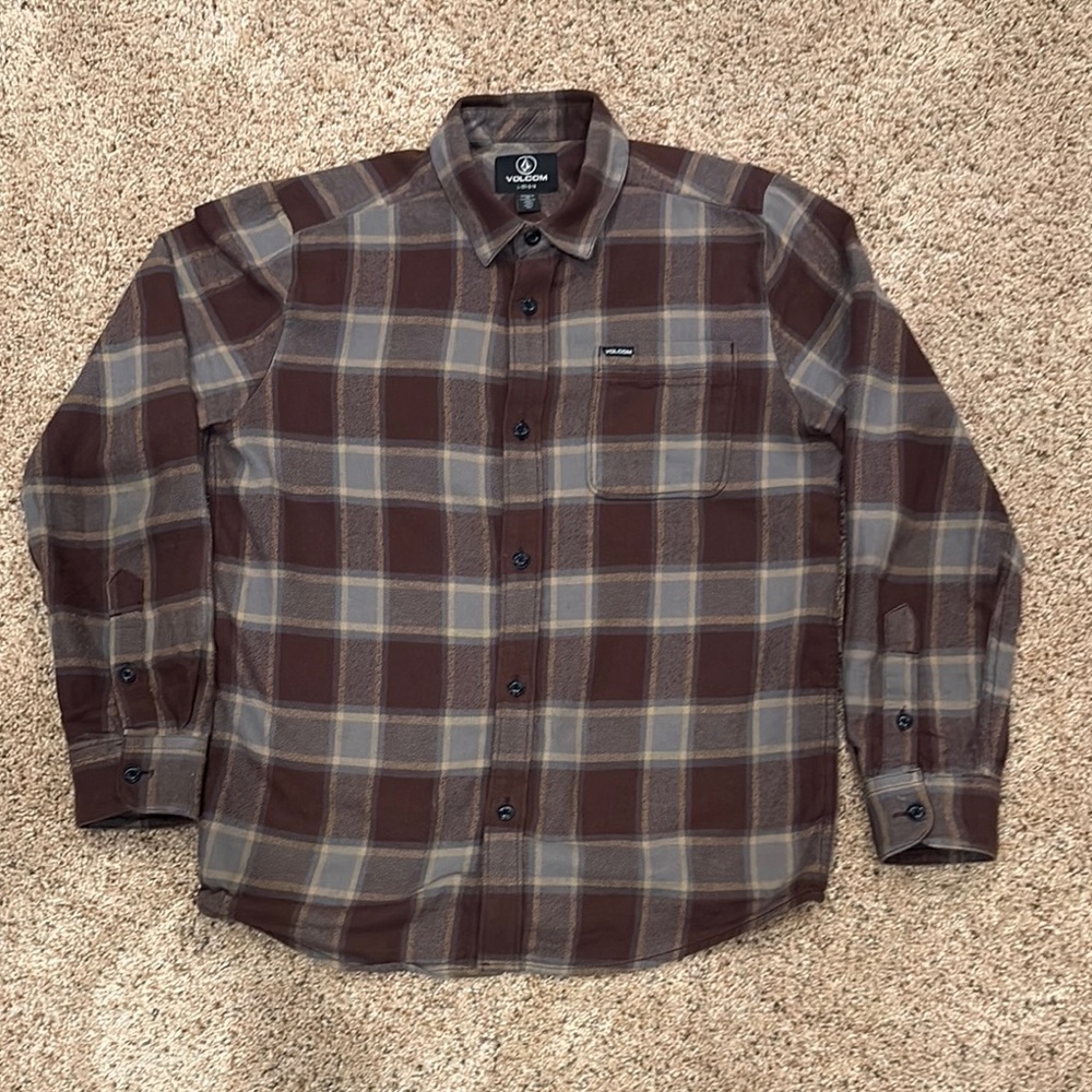 Volcom Brown and Gray Plaid Button Down Shirt